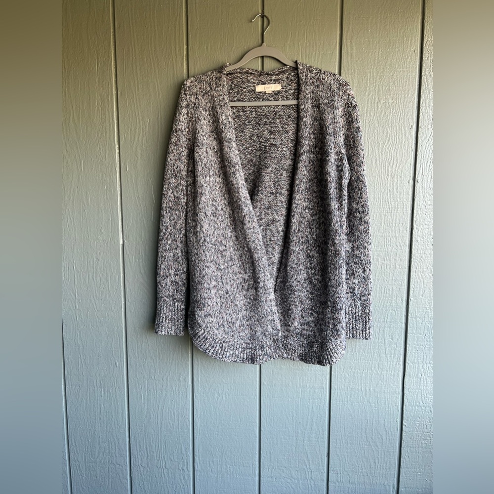 Loft Cotton Blend Gray Marble Open Front Fall Winter Office Cardigan Sweater